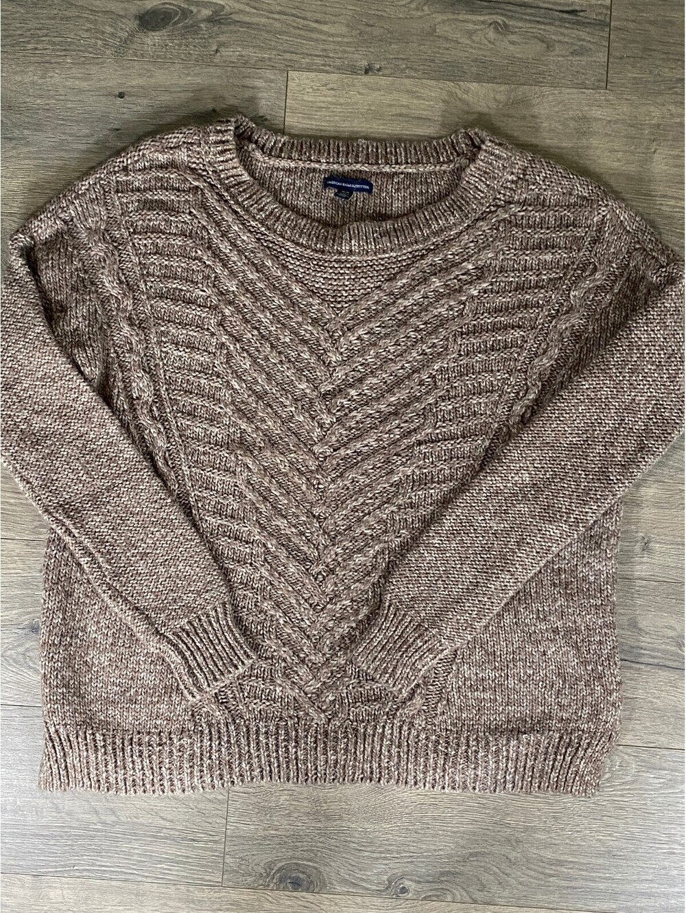 American Eagle Womens M Cable Knit Wool Blend Sweater Brown Chunky Crewneck